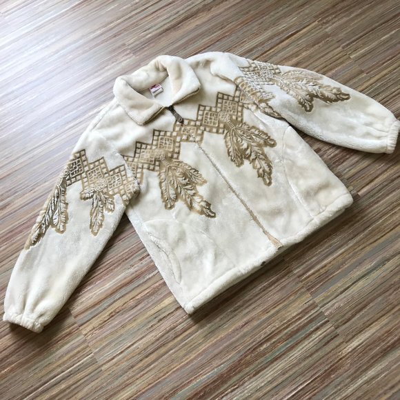 Milton Funwear Plush Fleece Jacket Cream & Beige Feather Design Oversized 90s - Picture 3 of 9